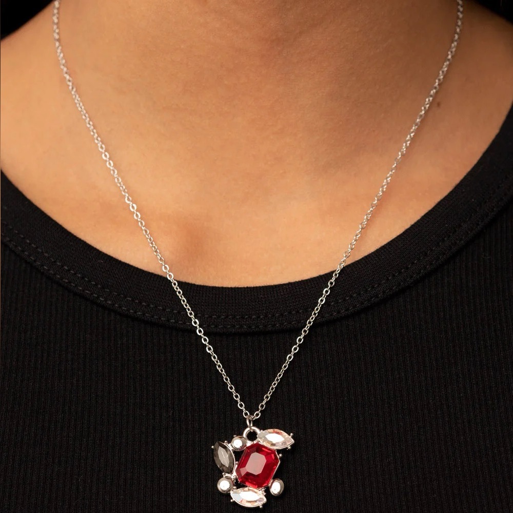 NEW Boutique Ruby & Silver Black Diamond Formal Luxury Necklace Costume Jewelry